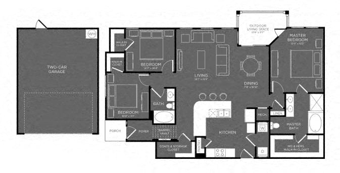 Floor plan for 3 beds, 2 baths, 1487 sqft